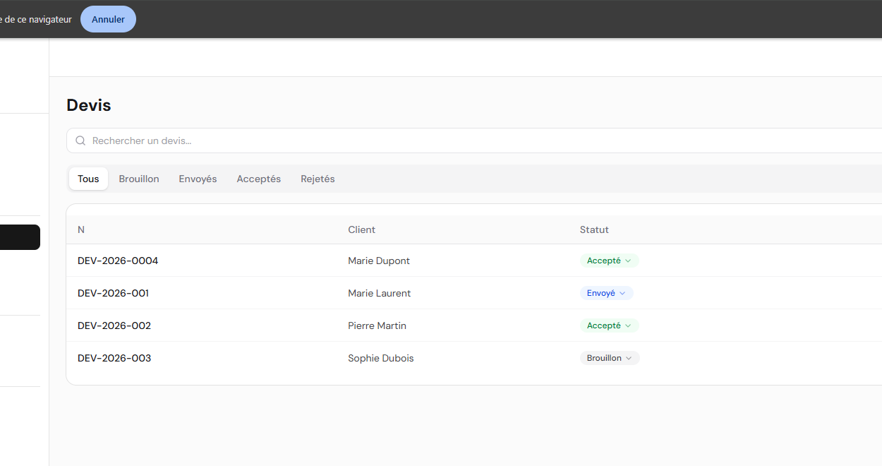 Interface de création et gestion des devis dans RB Solution