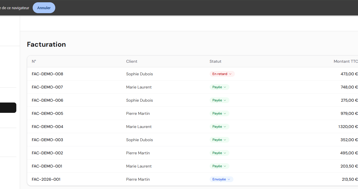 Suivi des factures et paiements dans RB Solution